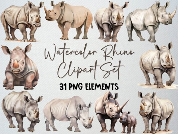 Download Watercolor Rhino Clipart Set, 31 PNG - Rhino Collection