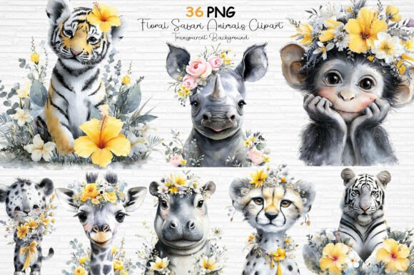 Download Floral Safari Animals Clipart PNG - Safari animal Collection