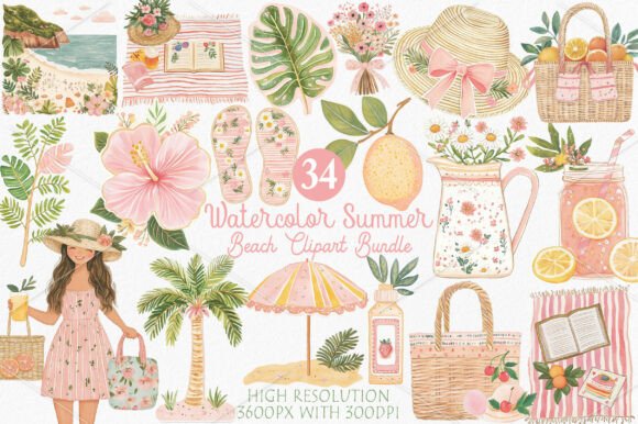 Download Watercolor Summer Beach Clipart Bundle - Premium Bundle